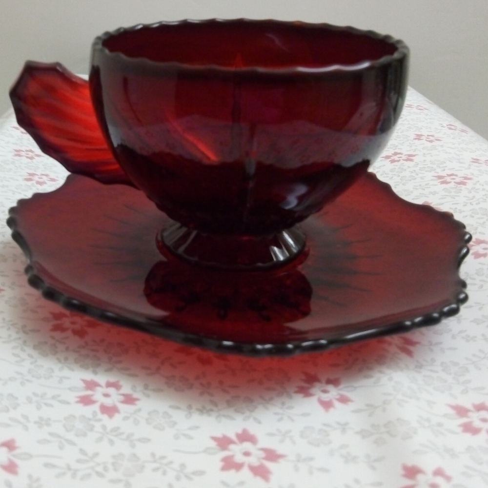 1920s Ruby Red Teacup and Saucer Depression glass